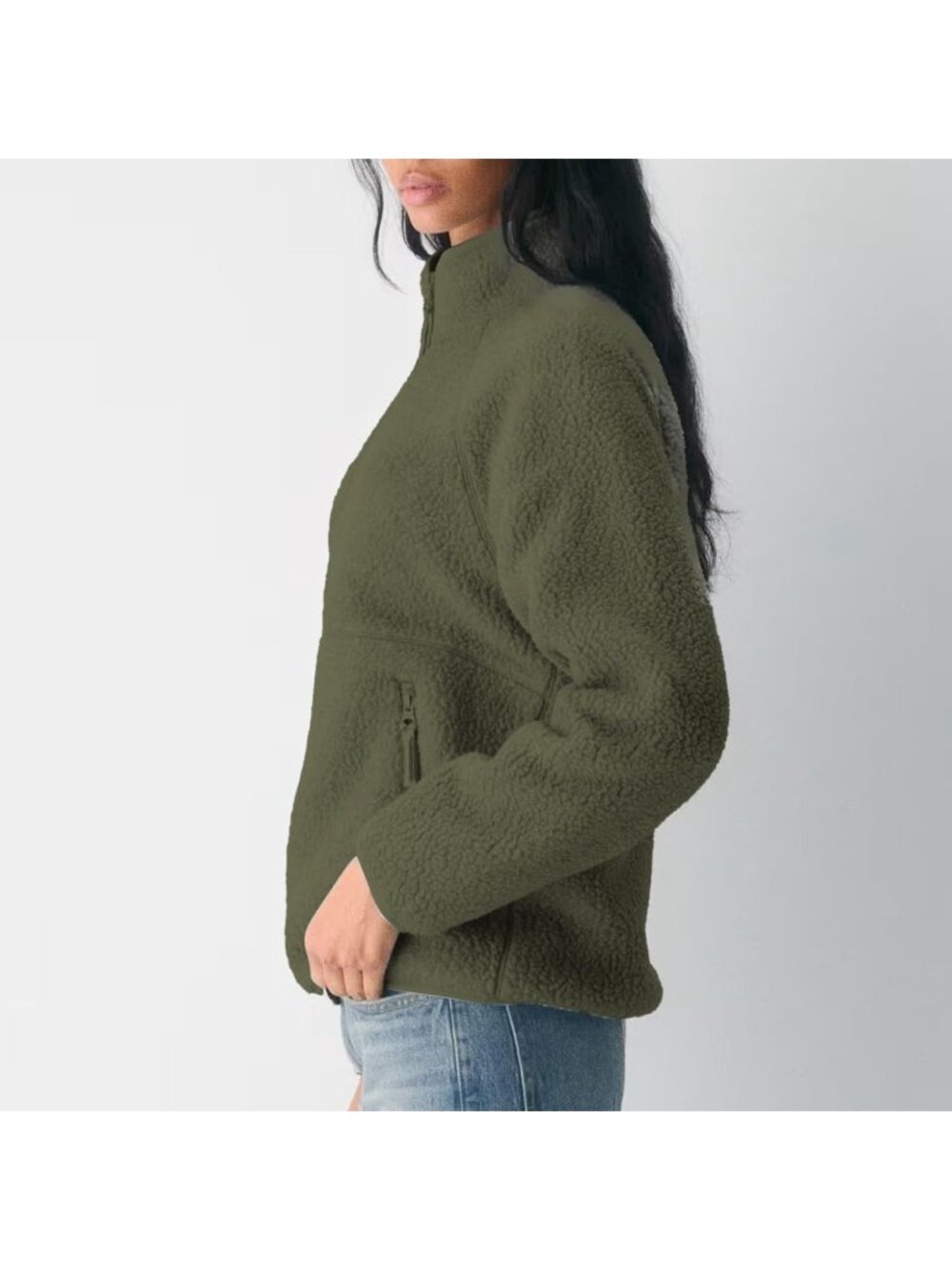 Women's Dark Green Fuzzy Fleece Jacket Full Zip Fall Winter Sherpa Warm Coats - Picture 3 of 6
